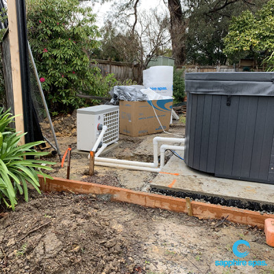heat and cool pump installation showing pipework on a myParadise spa pool thanks to the team at mySpaPakenham