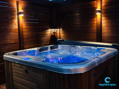 Amazing lighting effect makes this small backyard look amazing!