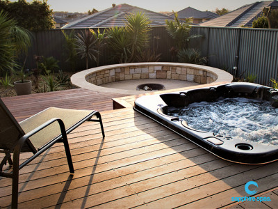 Spa pool sits perfectly next to this fire pit, installed by Dan & the team @ mySpaSYDNEY