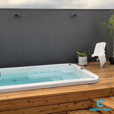 M5Watersedge swim spa build in cypress deck with glass safety fence : mySpaPakenham working with Chrome Projects Mornington Peninsula
