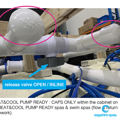 HEAT&COOL PUMP READY : CAPS ONLY within the cabinet on all HEAT&COOL PUMP READY spas & swim spas (flow & return pipework)