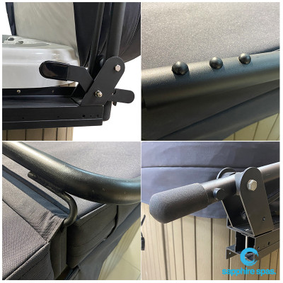 Cover-Lift-DELUXE : powder coated aluminium / adaptable up 2.4m wide spa / safety latch with brake / hydraulic arms for ease of operation / side mount OR base mount
